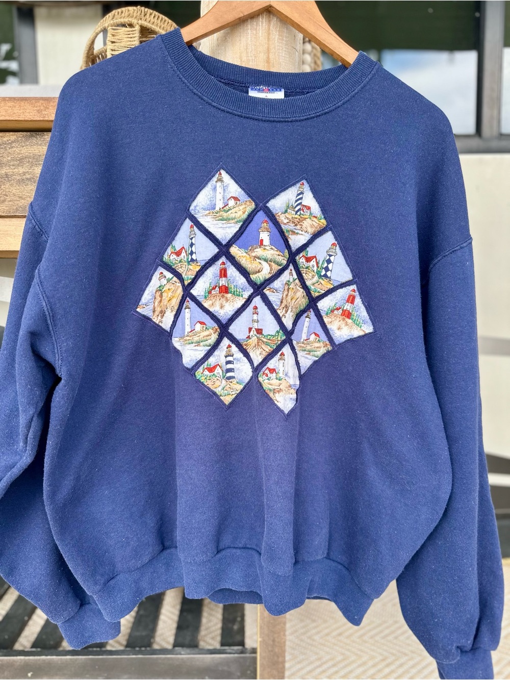 Vintage Jerzees Navy Crewneck Sweater with Embroidered Lighthouse Panel